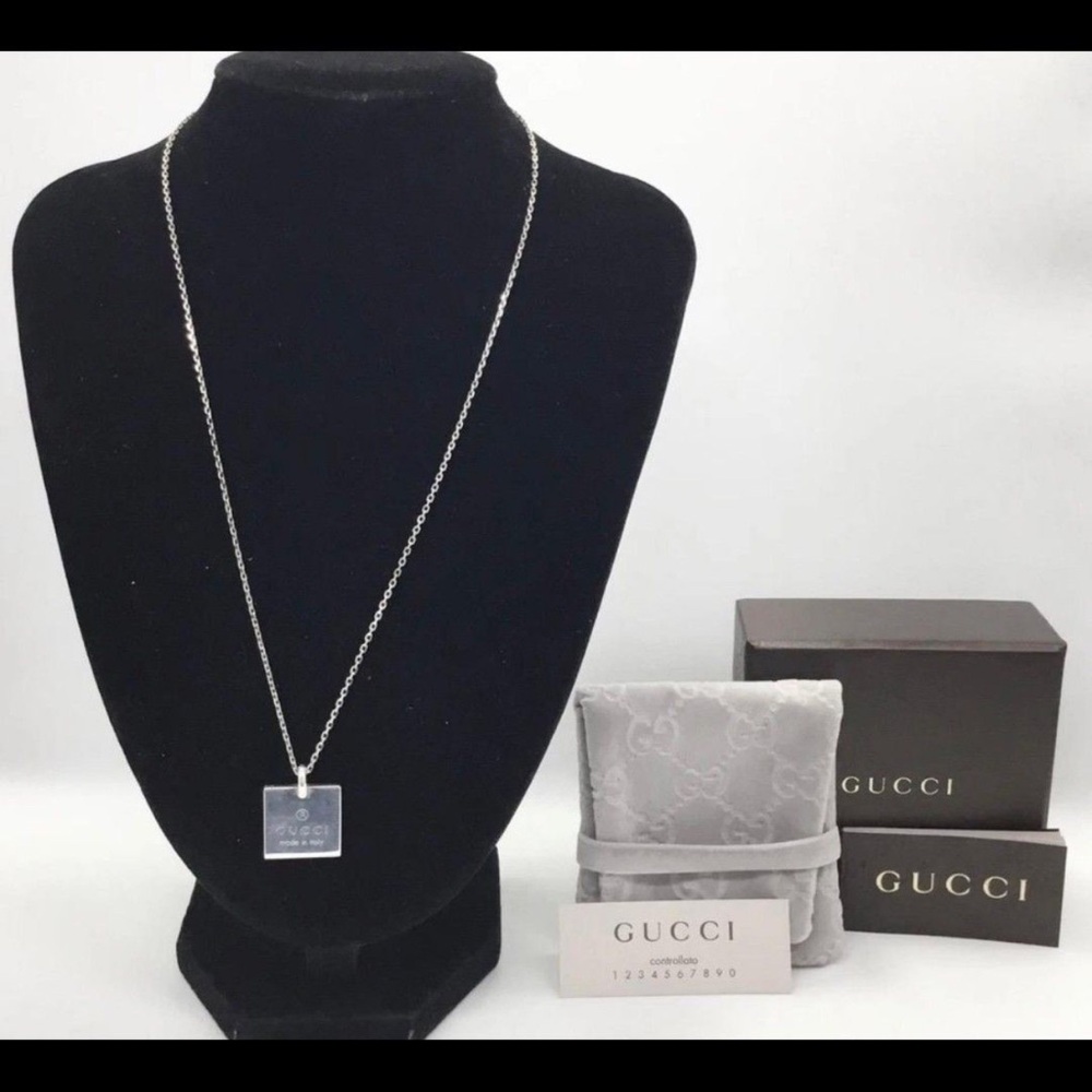 GUCCI Square Plate Pendant Necklace, Sterling Silver, 18 Inch chain - Picture 2 of 4